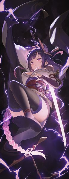 Anime picture 1798x4668 with genshin impact raiden shogun black c (net dust) single tall image looking at viewer fringe highres breasts light erotic simple background purple eyes holding purple hair full body bent knee (knees) blunt bangs braid (braids) very long hair traditional clothes