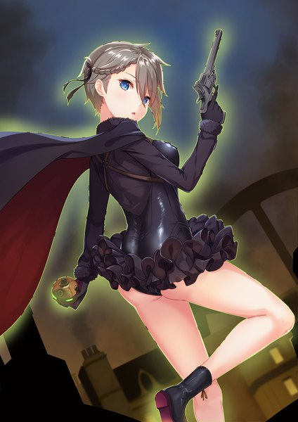 Anime picture 1240x1754 with princess principal ange (princess principal) dance of eternity single tall image looking at viewer blush fringe short hair breasts open mouth blue eyes light erotic hair between eyes standing holding bent knee (knees) outdoors braid (braids) head tilt