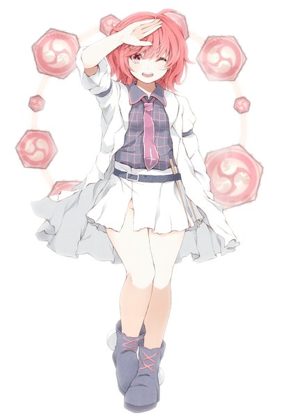 Anime picture 1350x2000 with touhou horikawa raiko mikoma sanagi single tall image looking at viewer blush short hair open mouth simple background red eyes white background red hair one eye closed wink girl miniskirt boots