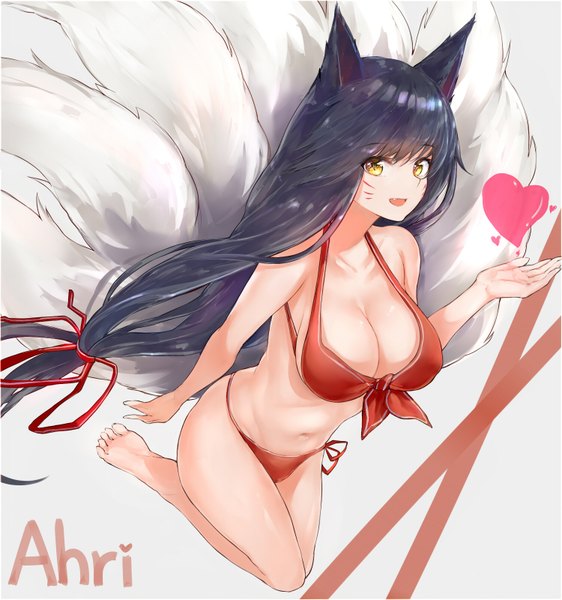 Anime picture 1500x1600 with league of legends ahri (league of legends) silver (chenwen) single tall image looking at viewer breasts open mouth light erotic black hair simple background smile large breasts bare shoulders animal ears yellow eyes cleavage full body bent knee (knees) tail