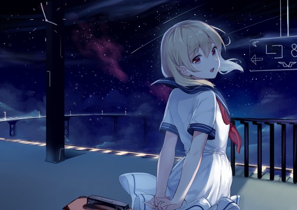 Anime picture 1753x1240 with original kooan single long hair highres open mouth blonde hair red eyes cloud (clouds) looking back night hands behind back sailor collar shooting star girl uniform star (stars) sailor dress