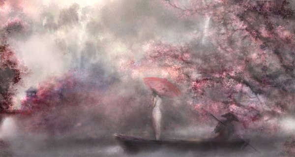 Anime picture 1911x1019 with original 00 highres wide image standing sitting holding looking away from behind sunlight blurry cherry blossoms back silhouette river nature fog girl boy plant (plants)
