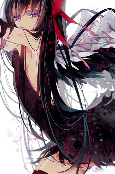 Anime picture 1000x1512 with mahou shoujo madoka magica shaft (studio) akemi homura akuma homura ayumaru (art of life) single long hair tall image looking at viewer fringe light erotic black hair simple background purple eyes bare shoulders arched back girl dress ribbon (ribbons) hair ribbon