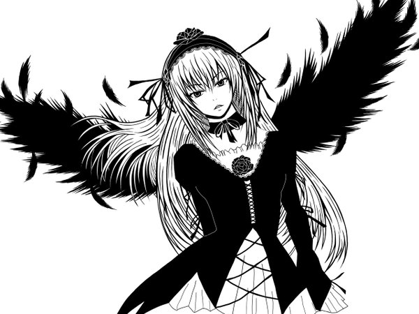 Anime picture 1280x960 with rozen maiden suigintou long hair monochrome high contrast wings choker hairband naf