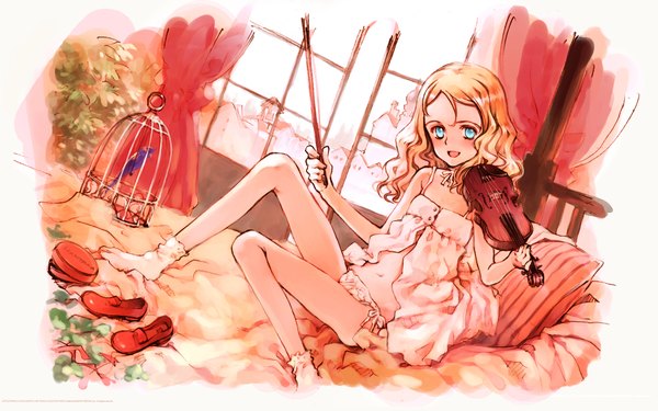 Anime picture 1920x1200 with quartett! littlewitch charlotte francia oyari ashito single long hair looking at viewer highres open mouth blue eyes light erotic blonde hair wide image indoors :d shoes removed canopy bed girl underwear panties