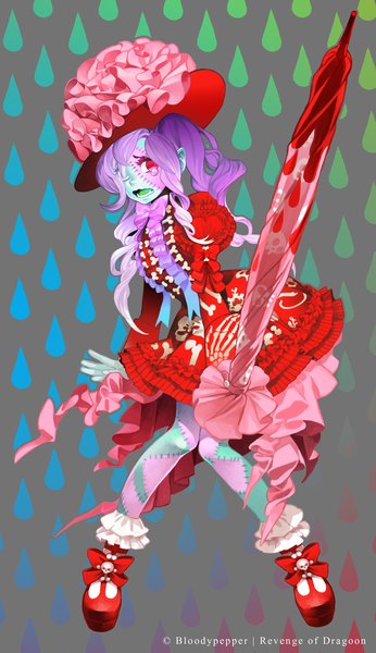 Anime picture 1200x2080 with revenge of dragoon bloody pepper single long hair tall image looking at viewer open mouth signed purple hair pink eyes multicolored hair inscription teeth fang (fangs) tears drill hair gradient hair lolita fashion knees touching closed umbrella