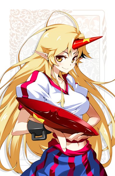 Anime picture 655x1000 with touhou hoshiguma yuugi hong (white spider) single long hair tall image looking at viewer blush blonde hair smile yellow eyes horn (horns) pointy ears bare belly hand on hip girl alcohol shackles sake sakazuki