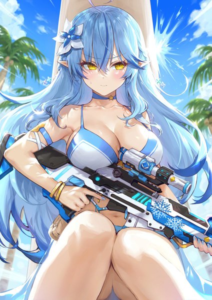 Anime picture 848x1200 with virtual youtuber hololive yukihana lamy haoni single long hair tall image blush fringe breasts light erotic hair between eyes large breasts sitting holding yellow eyes blue hair looking away sky cleavage