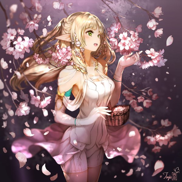 Anime-Bild 1500x1500 mit original kawamatsu yoshinori single long hair blush fringe open mouth blonde hair smile standing green eyes signed looking away ponytail arm up wind pointy ears cherry blossoms happy elf