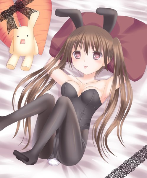 Anime picture 1059x1279 with original ikeda yuuki (artist) single long hair tall image light erotic red eyes brown hair twintails bunny ears bunny girl girl tongue pillow toy stuffed animal bunnysuit