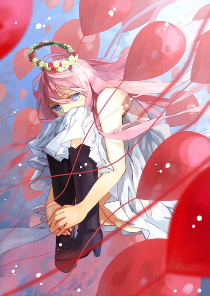 Anime picture 2149x3023 with vocaloid just be friends (vocaloid) megurine luka pcone single long hair tall image fringe highres pink hair aqua eyes alternate costume girl dress flower (flowers) thigh boots wreath thread balloon red thread