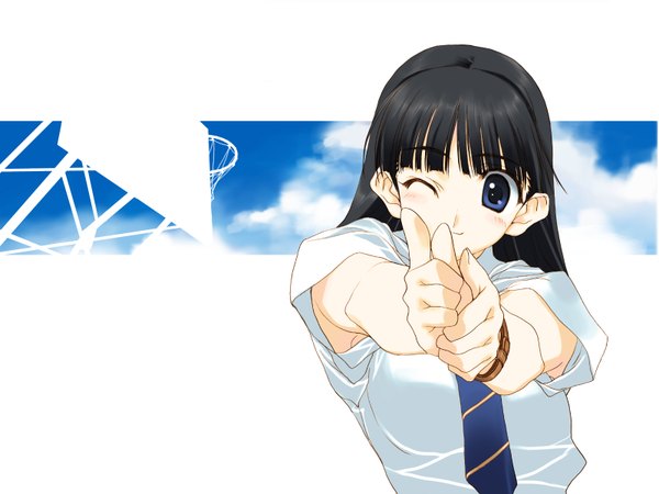 Anime picture 1600x1200 with nakamura takeshi single long hair looking at viewer blush fringe black hair smile white background one eye closed wink wallpaper pointing girl uniform school uniform