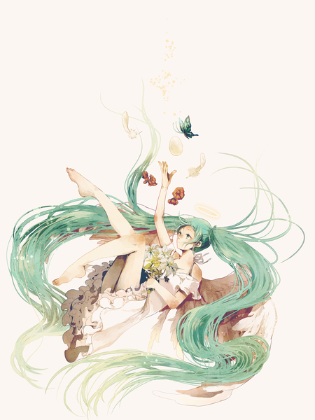 Anime picture 1500x2000 with vocaloid hatsune miku danjou sora single tall image fringe simple background very long hair barefoot aqua eyes aqua hair bare legs alternate costume legs outstretched arm traditional media girl flower (flowers) insect butterfly