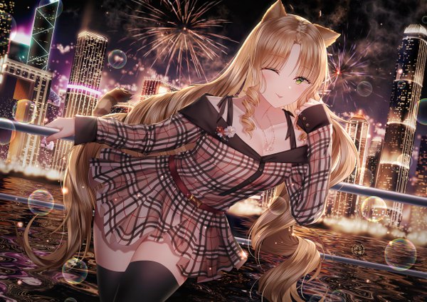 Anime picture 4960x3508 with arknights swire (arknights) junpaku karen single looking at viewer blush fringe highres breasts blonde hair green eyes animal ears payot absurdres cleavage outdoors tail long sleeves very long hair animal tail