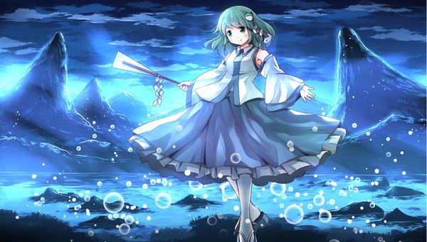 Anime picture 2205x1254 with touhou kochiya sanae risutaru single long hair looking at viewer blush fringe highres smile wide image standing holding green eyes cloud (clouds) full body outdoors green hair night wide sleeves