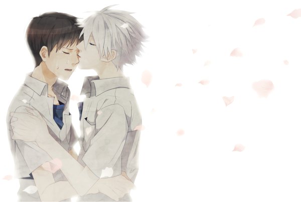 Anime picture 1485x1000 with neon genesis evangelion gainax ikari shinji nagisa kaworu yon (artist) short hair open mouth simple background brown hair white background eyes closed grey hair multiple boys hug tears open collar crying shounen ai almost kiss boy