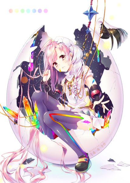 Anime picture 1102x1543 with original sakuragi ren single tall image looking at viewer blush pink hair white hair very long hair pink eyes multicolored hair two-tone hair girl thighhighs gloves detached sleeves wings bracelet fingerless gloves jewelry