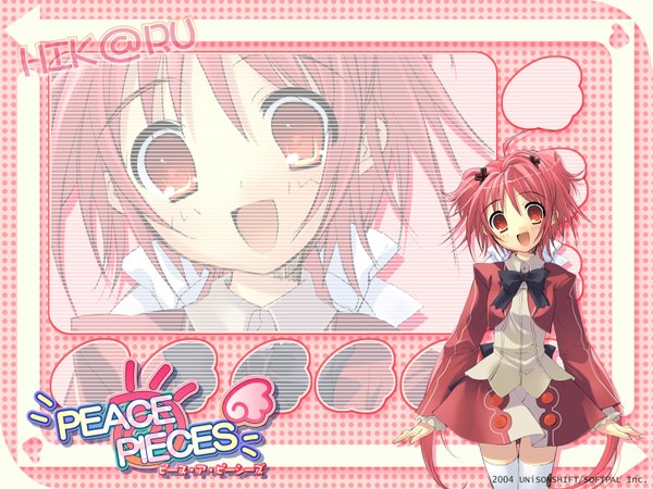 Anime picture 1600x1200 with peace@pieces momose hikaru itou noiji short hair open mouth red eyes pink hair ahoge inscription zoom layer girl thighhighs uniform hair ornament school uniform white thighhighs hairclip