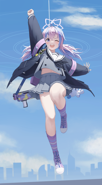 Anime picture 2355x4251 with blue archive reisa (blue archive) gaoqiaoyuyin takahashi single long hair tall image looking at viewer fringe highres open mouth hair between eyes purple eyes twintails pink hair sky purple hair cloud (clouds) full body bent knee (knees) pleated skirt