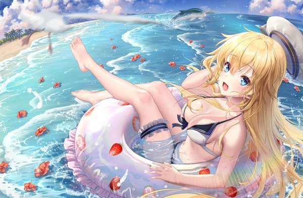 Anime picture 1227x800 with masterwork apocalypse haneru single long hair looking at viewer blush fringe breasts open mouth blue eyes light erotic blonde hair smile hair between eyes large breasts payot sky cleavage cloud (clouds) full body
