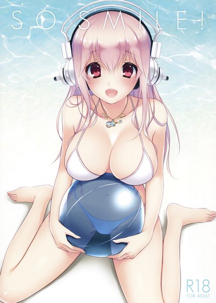 Anime picture 1427x2000 with nitroplus super sonico ayase hazuki single long hair tall image looking at viewer blush fringe breasts open mouth light erotic smile large breasts sitting pink hair cleavage pink eyes lips midriff