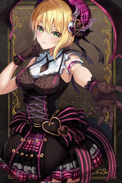 Anime-Bild 2000x3000 mit idolmaster idolmaster cinderella girls miyamoto frederica nao (okt8538) single tall image looking at viewer blush fringe highres short hair breasts simple background blonde hair smile hair between eyes standing green eyes parted lips outstretched arm