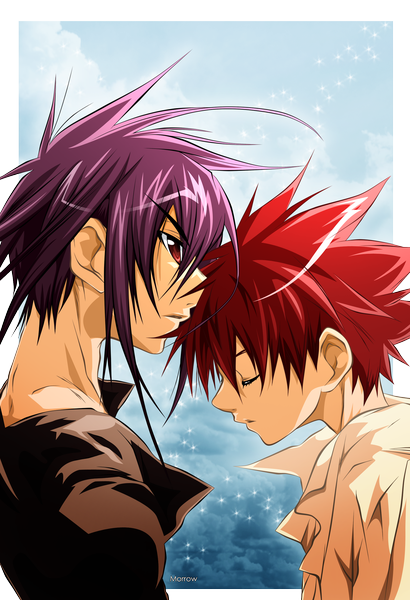 Anime picture 1777x2600 with d.n.angel xebec niwa daisuke dark mousy morrow tall image highres short hair red eyes signed looking away sky purple hair cloud (clouds) red hair eyes closed profile multiple boys border shounen ai