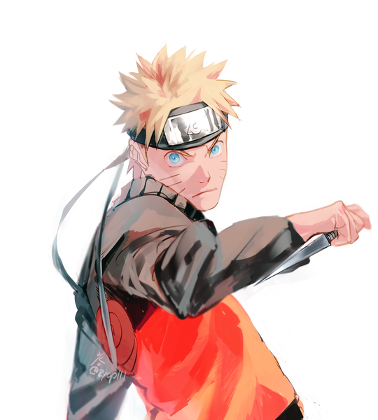 Anime picture 1648x1832 with naruto studio pierrot naruto (series) uzumaki naruto zifletts single tall image looking at viewer short hair blue eyes simple background blonde hair white background signed upper body twitter username facial mark fighting stance whisker markings serious