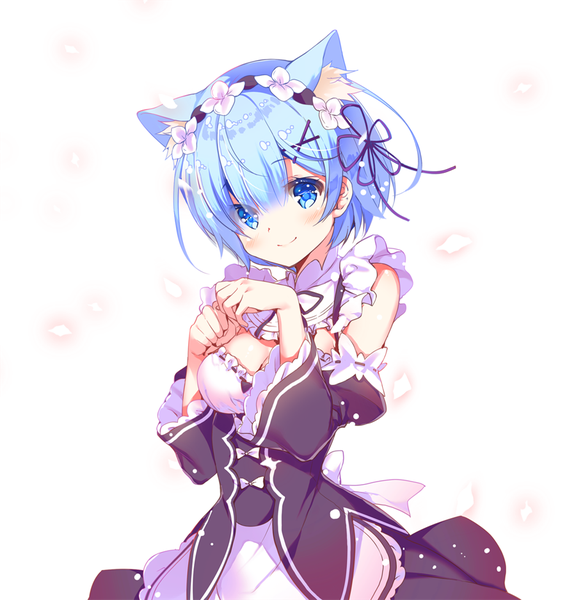 Anime picture 900x937 with re:zero kara hajimeru isekai seikatsu white fox rem (re:zero) miwabe sakura single tall image looking at viewer blush fringe short hair breasts blue eyes simple background smile hair between eyes white background animal ears blue hair cleavage blunt bangs