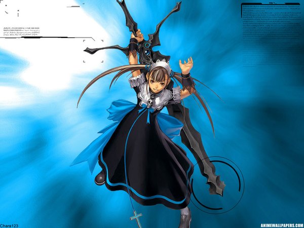 Anime picture 1024x768 with war of genesis 3 war of genesis tagme (character) brown hair twintails brown eyes blue background girl bow weapon sword