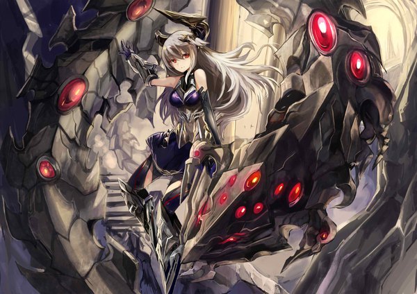 Anime picture 1697x1200 with original haik long hair looking at viewer fringe hair between eyes red eyes bare shoulders bent knee (knees) horn (horns) grey hair floating hair girl gloves elbow gloves boots armor thigh boots armored dress creature