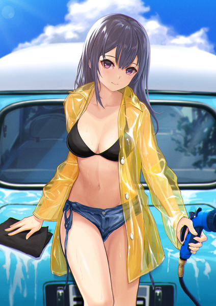 Anime picture 855x1210 with original deca purio single long hair tall image looking at viewer blush fringe breasts light erotic black hair smile hair between eyes standing holding sky cleavage cloud (clouds) outdoors long sleeves