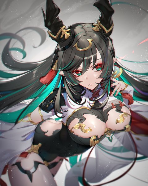 Anime picture 1016x1276 with granblue fantasy payila (granblue fantasy) azalea4 single long hair tall image fringe breasts light erotic black hair simple background hair between eyes large breasts standing green eyes looking away cleavage parted lips multicolored hair arm up