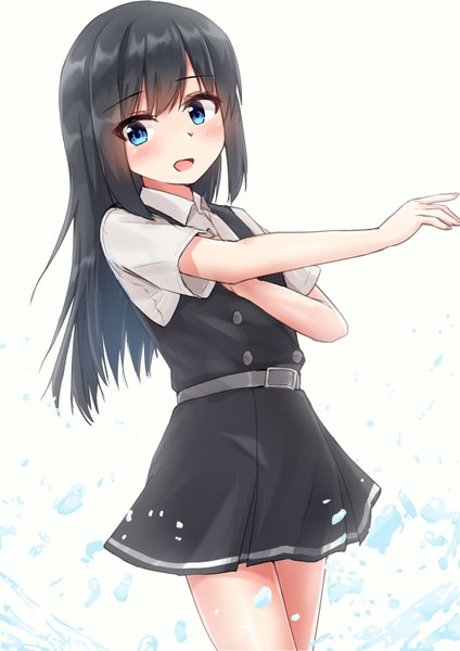 Anime picture 1122x1587 with kantai collection asashio destroyer rokosu (isibasi403) single long hair tall image blush fringe open mouth blue eyes black hair simple background hair between eyes standing white background looking away bare legs short sleeves outstretched arm double buttons