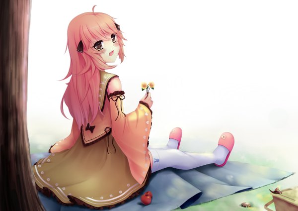 Anime picture 4960x3507 with original sonikey0 0 single long hair blush highres open mouth sitting brown eyes pink hair absurdres girl dress flower (flowers) detached sleeves fruit apple