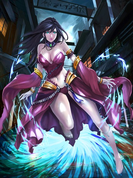 Anime picture 800x1067 with chaosringen single long hair tall image looking at viewer breasts light erotic black hair large breasts bare shoulders sky barefoot aqua eyes realistic inscription lipstick running girl navel earrings