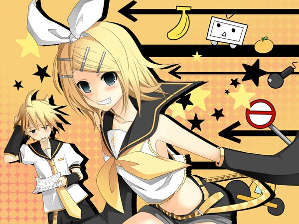 Anime picture 1024x768 with vocaloid kagamine rin kagamine len temari (deae) blush short hair blue eyes blonde hair midriff puffy sleeves hand on head siblings twins clenched teeth sailor collar girl boy bow hair bow detached sleeves