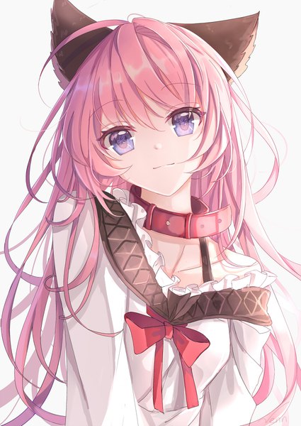 Anime picture 700x989 with original venn (vebonbon) single long hair tall image looking at viewer simple background white background purple eyes animal ears pink hair upper body ahoge off shoulder girl collar