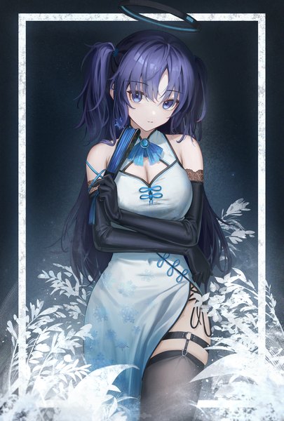 Anime picture 1229x1819 with blue archive yuuka (blue archive) flippy (cripine111) single long hair tall image looking at viewer fringe breasts blue eyes light erotic standing bare shoulders holding purple hair traditional clothes two side up alternate costume chinese clothes dark background