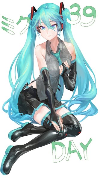 Anime picture 800x1437 with vocaloid hatsune miku modare single long hair tall image fringe light erotic twintails bent knee (knees) pleated skirt aqua eyes aqua hair girl skirt underwear panties detached sleeves necktie