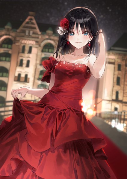 Anime picture 2338x3307 with original dsmile single long hair tall image looking at viewer blush fringe highres breasts blue eyes black hair smile hair between eyes standing bare shoulders outdoors arm up hair flower blurry