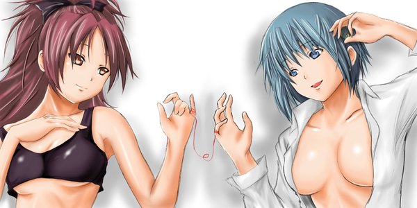 Anime picture 2048x1024 with mahou shoujo madoka magica shaft (studio) sakura kyouko miki sayaka long hair highres short hair breasts blue eyes light erotic simple background red eyes wide image multiple girls blue hair red hair open clothes open shirt girl bow