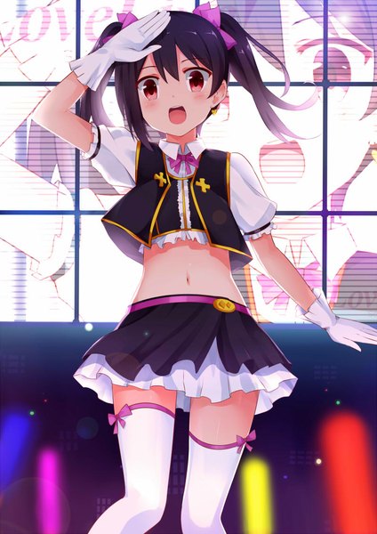 Anime picture 800x1131 with love live! school idol project sunrise (studio) love live! yazawa nico mmrailgun single long hair tall image looking at viewer blush black hair red eyes twintails girl thighhighs skirt gloves navel bow hair bow