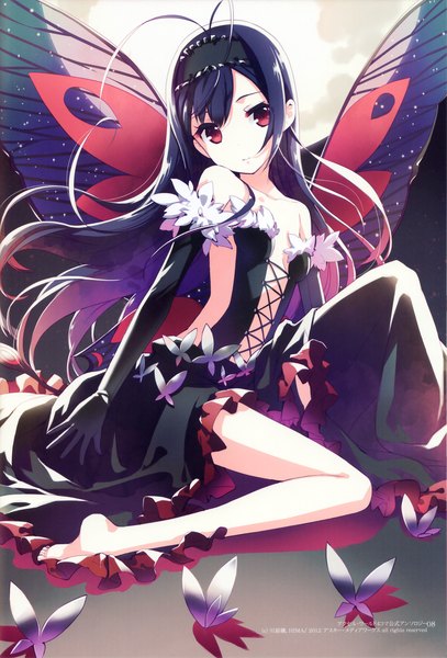 Anime picture 2059x3033 with accel world sunrise (studio) kuroyukihime h2so4 single long hair tall image looking at viewer highres black hair red eyes ahoge barefoot scan insect wings butterfly wings girl dress gloves wings