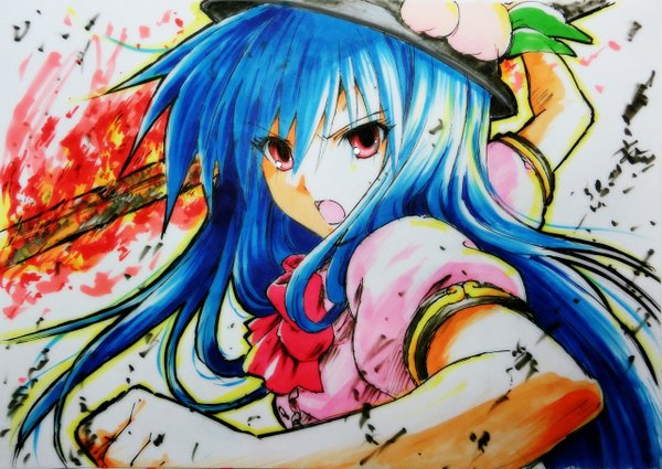 Anime picture 1280x907 with touhou hinanawi tenshi beluo77 single long hair open mouth red eyes blue hair fighting stance angry drawing girl bow weapon hat sword food fruit peach hisou no tsurugi