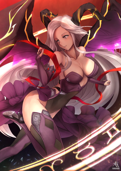 Anime picture 744x1052 with original thousand characters project (hananon) metatron (thousand characters project) hananon single tall image breasts light erotic looking away very long hair pink eyes horn (horns) grey hair high heels girl wings