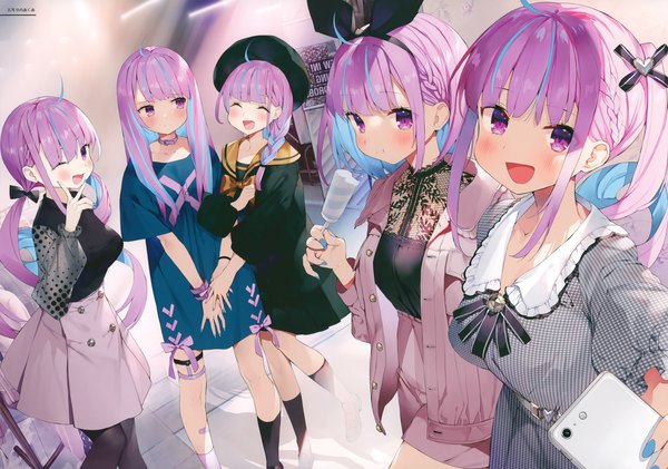 Anime picture 5804x4077 with virtual youtuber hololive minato aqua gaou (umaiyo puyoman) long hair looking at viewer blush fringe highres short hair breasts open mouth smile standing purple eyes twintails multiple girls payot looking away absurdres