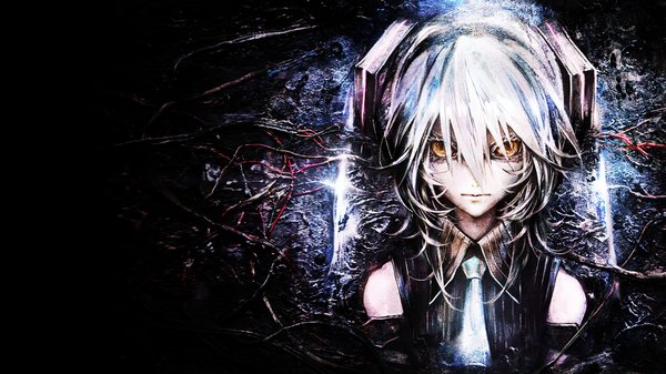 Anime picture 1920x1080 with vocaloid hatsune miku banpai akira single long hair fringe highres hair between eyes wide image twintails yellow eyes silver hair upper body white hair face girl hair ornament necktie