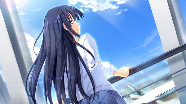 Anime picture 2560x1440 with love la bride mikami haruka mutou kurihito long hair highres blue eyes black hair wide image game cg cloud (clouds) girl skirt miniskirt shirt