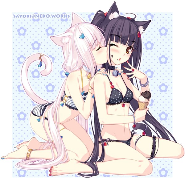 Anime picture 1000x1000 with neko paradise vanilla (nekopara) chocola (nekopara) sayori long hair light erotic black hair twintails multiple girls animal ears yellow eyes white hair one eye closed wink cat ears cat girl cat tail underwear only shoujo ai girl